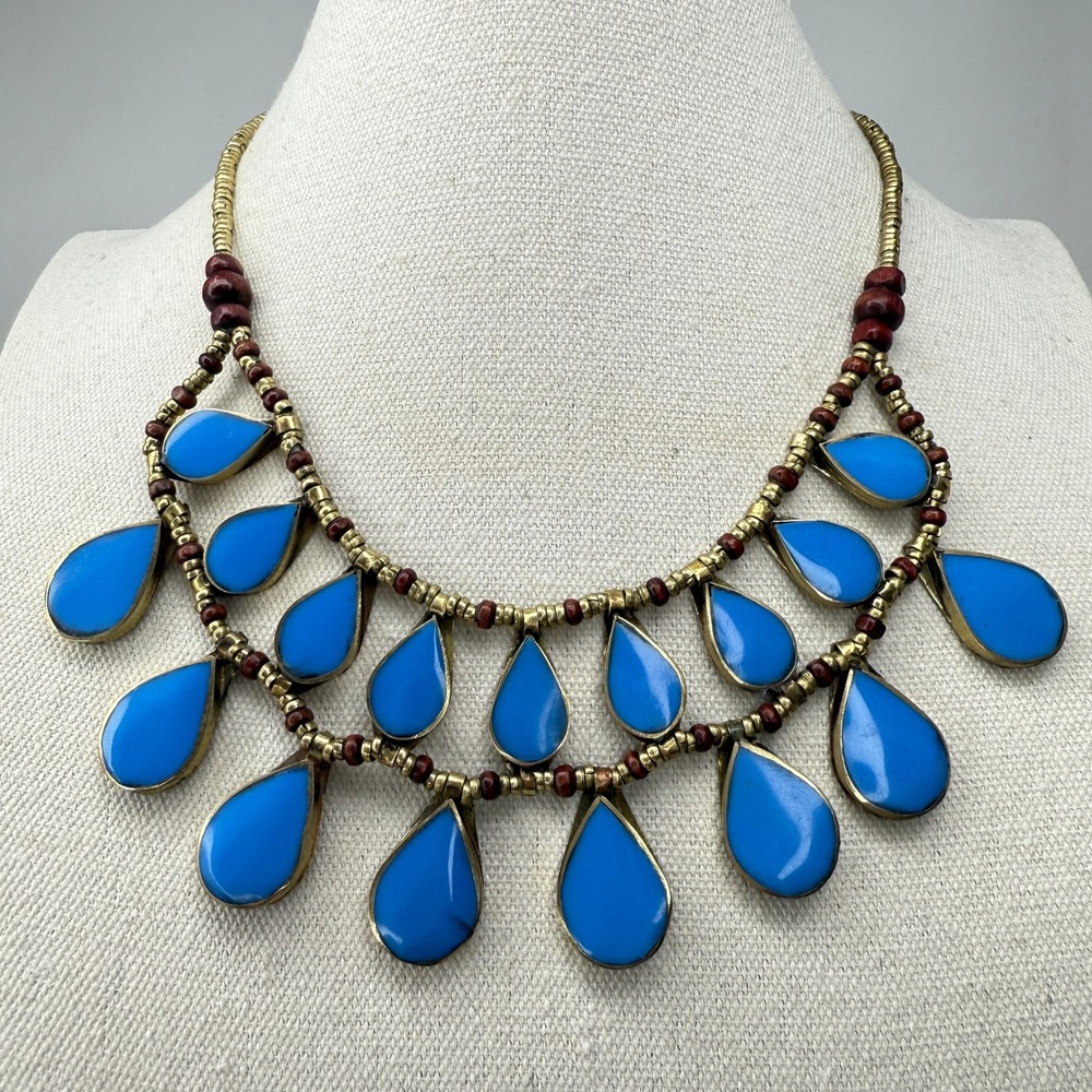 Afghan Necklace Kuchi Blue Enamel Handmade Beaded Boho Bib‎ Statement